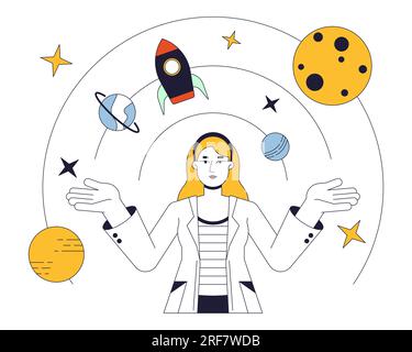 Female astrophysicist flat line concept vector spot illustration Stock Vector