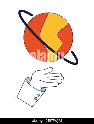 Planet over hand flat line color isolated vector object Stock Vector