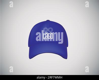 Realistic front view blue baseball cap with text logo for advertising isolated on white background vector illustration. Stock Vector