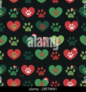 Merry Christmas and Happy new year doodle paw prints with hearts seamless fabric design repeated pattern black Stock Vector