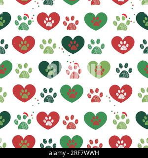 Merry Christmas and Happy new year doodle paw prints with hearts seamless fabric design repeated pattern Stock Vector