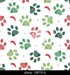 Merry Christmas and Happy new year Doodle black paw prints with black hearts seamless fabric design repeated pattern Stock Vector