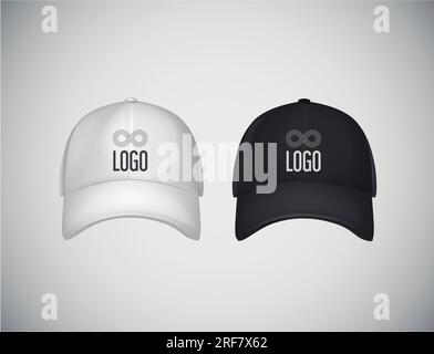 Realistic front view black and white baseball caps with logo lettering for advertising isolated on white background vector illustration. Stock Vector