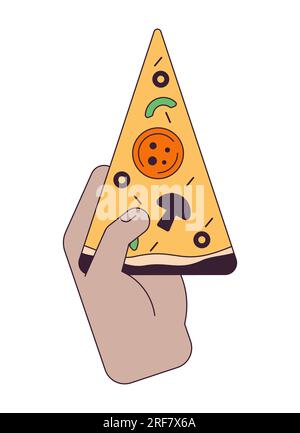 Hand holding pizza slice flat line concept vector spot illustration Stock Vector
