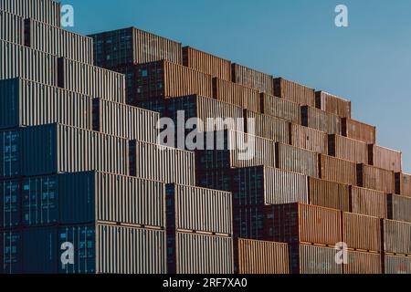 A stack of containers in the port of Hamburg at river elbe Stock Photo