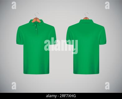 Men's slim-fitting short sleeve polo shirt. Green polo shirt with wooden hanger isolated mock-up design template for branding. Stock Vector