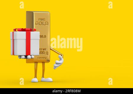 Golden Bar Cartoon Person Character Mascot and Gift Box with Red Ribbon on a yellow background. 3d Rendering Stock Photo