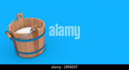 Wooden Bucket Filled with Fresh Milk on a blue background. 3d Rendering Stock Photo