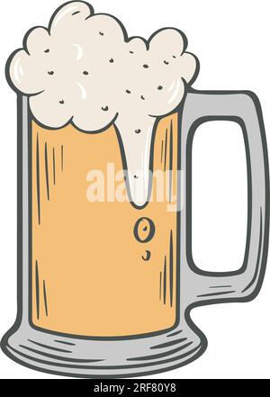 Mug with foamy beer vintage illustration. Cool low alcohol drink, clip art. Hand drawn glass cup with wheat malt drink, vector illustration Stock Vector