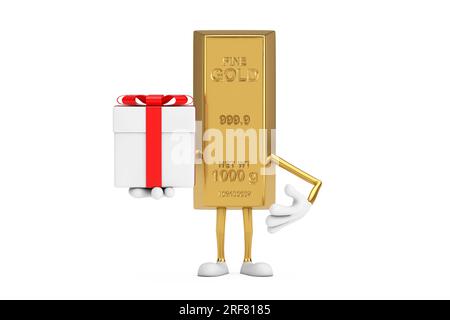 Golden Bar Cartoon Person Character Mascot and Gift Box with Red Ribbon on a white background. 3d Rendering Stock Photo