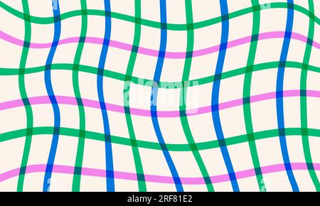 Naive checkered abstract background in doodle style. Trippy psychedelic groovy backdrop. Colorful wavy plaid fabric ornament. Minimalistic trendy Stock Vector