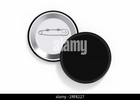Front and Back View of Black Button Badges Mockup on a white background. 3d Rendering Stock Photo