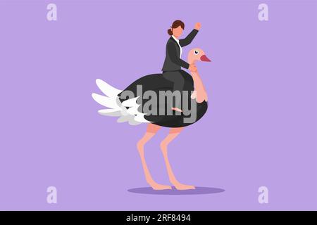 Cartoon flat style drawing of businesswoman riding ostrich symbol of success. Business metaphor, looking a goal, achievement, leadership. Professional Stock Photo