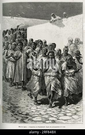 Fete de negres d'Ouarla, defilant en cadence dans les rues, a l'occasion d'un mariage. Gravure de Pranishnikoff, pour illustrer le Sahara algerien, par V.Largeau, en 1874-1878, publie dans le Tour du monde, sous la direction d'Edouard Charton ( 1807-1890), 1881, Paris. Stock Photo