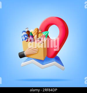 3D Shopping Grocery Bag with Map and Location Pin Stock Vector