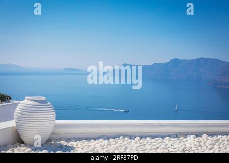 Famous Santorini concept background. Greece, Santorini island - white architecture and blue sea and sky. Abstract background, empty space. Greek Islan Stock Photo