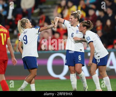Adelaide, Australia. 1st Aug, 2023. England's Rachel Daly (L) celebrates scoring with Millie Bright (C) during the Group D match between China and England at the 2023 FIFA Women's World Cup in Adelaide, Australia, Aug. 1, 2023. Credit: Zhang Chen/Xinhua/Alamy Live News Stock Photo