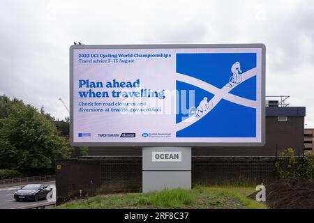 Glasgow, Scotland, UK. 1st Aug, 2023. 2023 UCI Cycling World Championships preparations in Glasgow.  Pictured: Plan ahead when travelling billboard in the centre of Glasgow asking people to check for road closures and diversions Credit: Kay Roxby/Alamy Live News Stock Photo