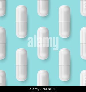 Vector Seamless Pattern with 3d Realistic White Pharmaceutical Medical Pill, Capsule, Tablet Closeup On Blue Background. Front View. Medicine, Health Stock Vector