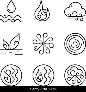 Ayurvedic outline elements water, fire, air, earth and ether icons set. Vector ayurvedic icons thin linear style. Elements symbols for ayurvedic infog Stock Vector
