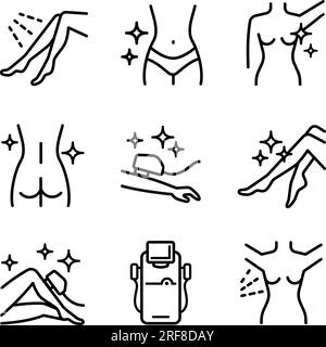Laser hair removal icons. Outline epilation line icons. Apparatus, equipment. Vector illustration Stock Vector