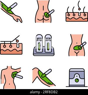 Waxing linear icons set. Bikini, leg, armpit, buttocks hair removal. Hot wax in jar with spatula. Depilation equipment. Thin line contour symbols. Iso Stock Vector
