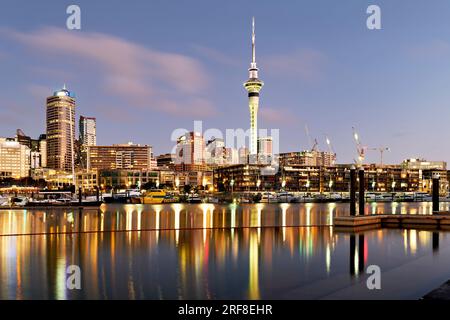 Auckland. New Zealand. The city skyline. View from Viaduct Harbour at sunset Stock Photo