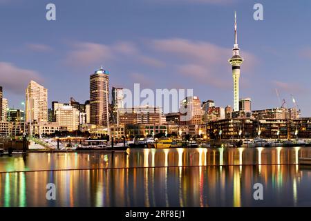 Auckland. New Zealand. The city skyline. View from Viaduct Harbour at sunset Stock Photo