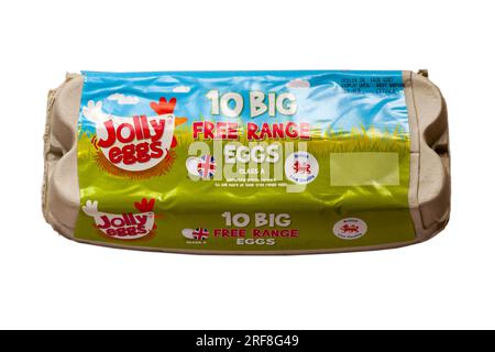 Carton of Jolly Eggs 10 Big Free Range Eggs class A British Lion Quality isolated on white background - egg box closed eggbox Stock Photo