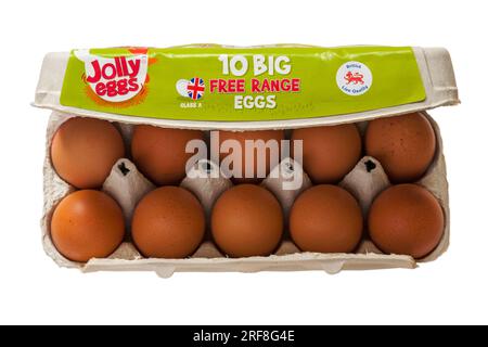 Carton of Jolly Eggs 10 Big Free Range Eggs class A British Lion Quality with lid up to show contents isolated on white background Stock Photo