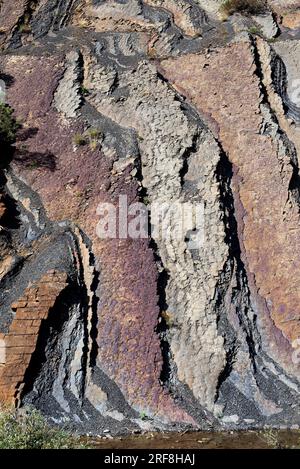 Colorful vertical strata composed by red sandstone and black lutites ...