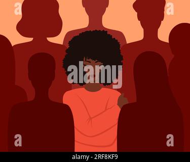 A black woman hugging herself among the silhouettes of people. Loneliness in a crowd. Vector illustration in flat style Stock Vector