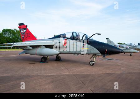 Italian Air Force AMX International AMX-T military jet trainer on display with 132 Gruppo, 51 Stormo special tail at Royal International Air Tattoo Stock Photo