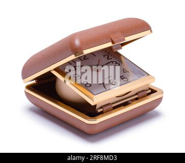 Closed Travel Alarm Clock Cut Out on White. Stock Photo