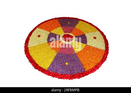 Onam Pookalam is a traditional floral design or rangoli made during the festival of Onam in the Indian state of Kerala. Stock Photo