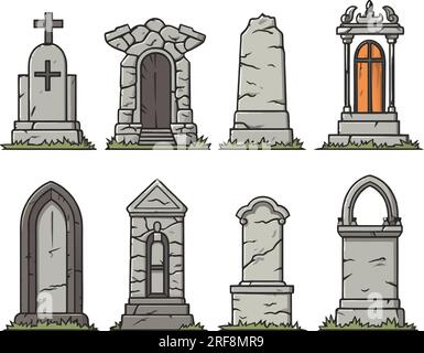 vector set of various tombstones. Stone marble tombstones. Memory of the dead vector illustration on white background. Stock Vector
