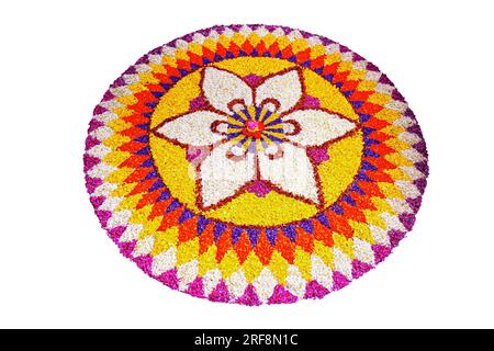 Onam Pookalam is a traditional floral design or rangoli made during the festival of Onam in the Indian state of Kerala. Stock Photo