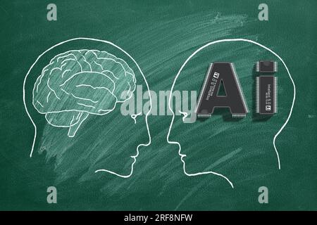 Human intelligence vs artificial intelligence. Face to face. Duel of views. Hand drawn illustration on a school blackboard. Stock Photo