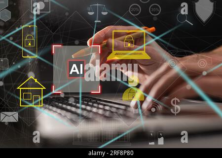 Chat with AI, Artificial Intelligence. man using technology smart robot AI, artificial intelligence by enter command prompt for generates something Stock Photo
