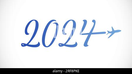 Happy New Year 2024 travel company logotype. Creative typographic design with blue plane. Business trip 2024 symbol. Calendar title idea. Internet ico Stock Vector