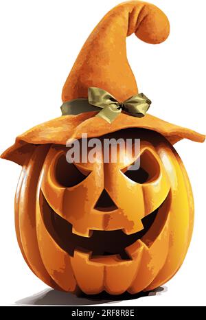 vector carving pumpkin. holiday pumpkin with hat. smiling scary jack o lantern vector illustration white background Stock Vector