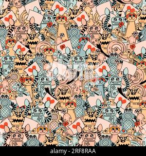 Rows of Cute Soft Colored Robots in green, orange, yellow and reddish colors in an overall setting Stock Vector