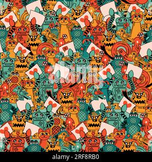 Rows of Cute Colorful Robots in green, orange, yellow and reddish colors in an overall setting Stock Vector