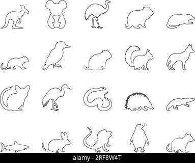 Animals of Australia Icons Set. Kangaroo, Koala, Emu. Editable Stroke. Simple Icons Vector Collection Stock Vector