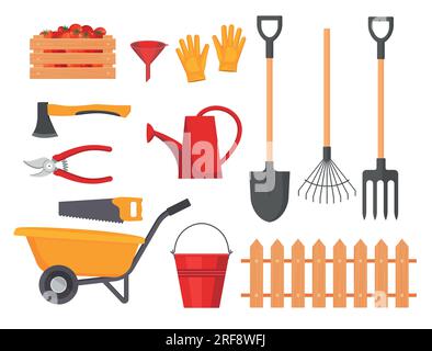Garden tool vector gardening equipment rake or shovel and lawnmower of gardener farm collection or farming set illustration isolated on white backgrou Stock Vector