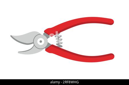 Garden pruner with red handle isolated on white. Florist tool for cutting branches and leaves. Gardening instrument item. Agriculture implement. Class Stock Vector