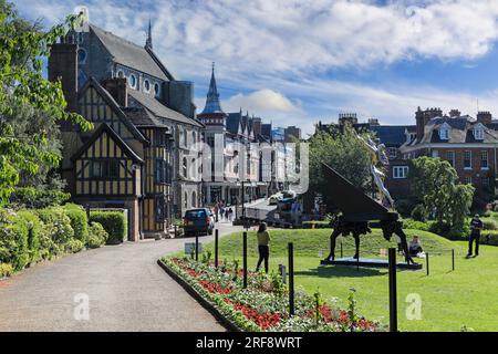 A sculpture by Salvador Dali called ‘Surrealist Piano’ outside the entrance to Shrewsbury Castle, Shrewsbury, Shropshire, England, UK Stock Photo