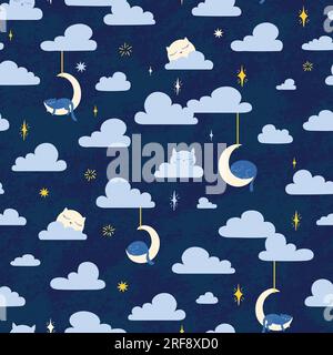 Cute seamless vector pattern, clouds, moons and sleepy cats in a dark night sky, textile, wallpaper. Vector illustration Stock Vector