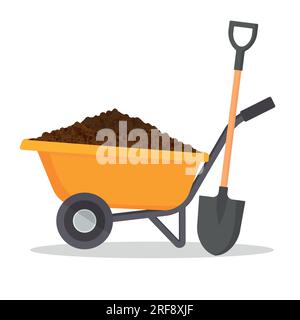 Garden wheelbarrow with a shovel. Agricultural tool. Vector icon isolated on white Stock Vector