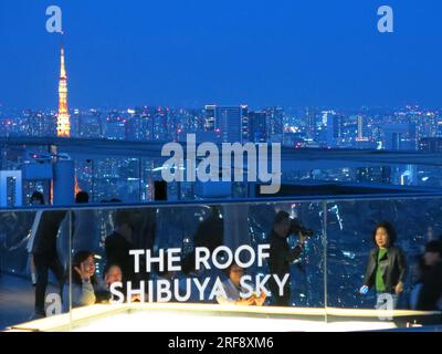 A new top ten tourist attraction in Tokyo, The Roof, Shibuya Sky offers a rooftop observation deck at night, with panoramic views over the whole city. Stock Photo